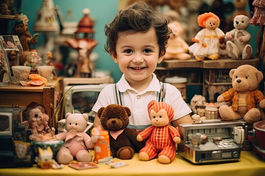 Joyful boy with toys at a market stall, offering a teddy bear