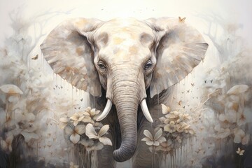 Artistic portrayal of an elephant with a serene and dreamy backdrop