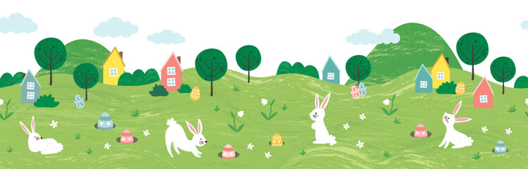 Cute Easter Egg hunt design for children, hand drawn with cute bunnies, eggs and decorations - great for party invitations, banners, wallpapers - vector