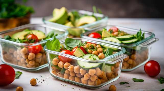 Healthy meal prep containers with chickpeas, chicken, tomatoes, cucumbers and avocados. Healthy lunch in glass containers on beige rustic background. Zero waste concept