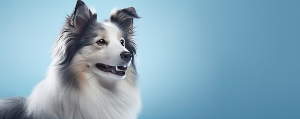 Dog portrait on blue background.