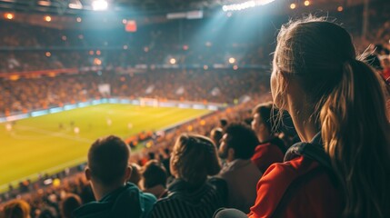 Soccer match atmosphere with an audience perspective of an evening game in a stadium, capturing the excitement of fans.
