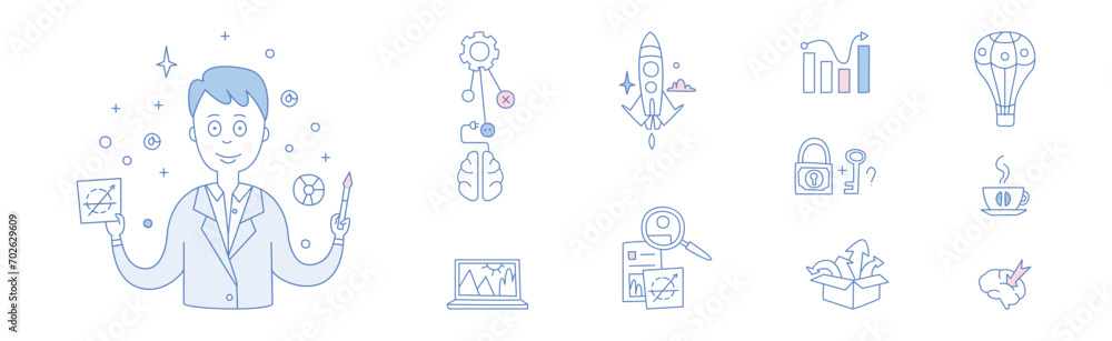 Poster simple creative process line icon and object vector set