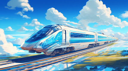 Futuristic transport train on blue sky background