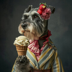 Terrier dog in clothes eating ice cream