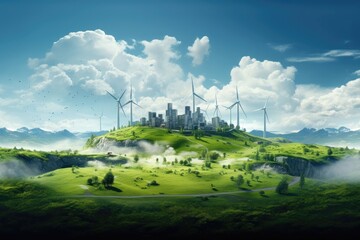 Futuristic city with wind turbines on a green hill under a blue sky with clouds