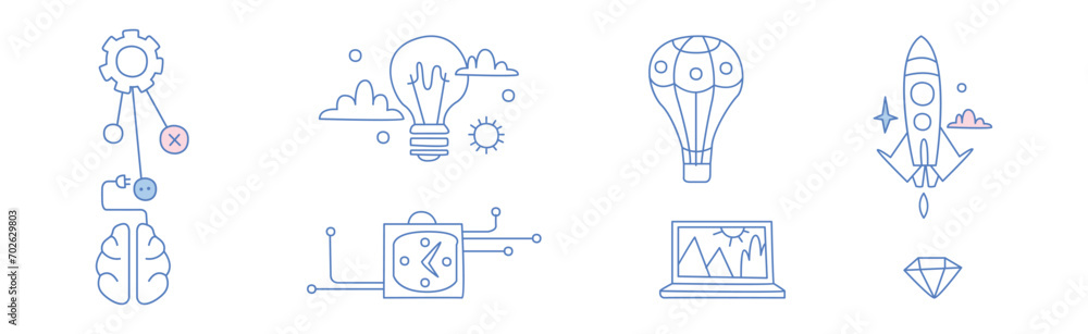 Poster simple creative process line icon and object vector set