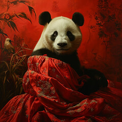 Giant panda in red dress