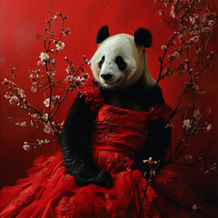 Giant panda in red dress