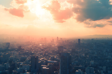 Obraz premium Golden hour urban landscape., city skyline at sunset