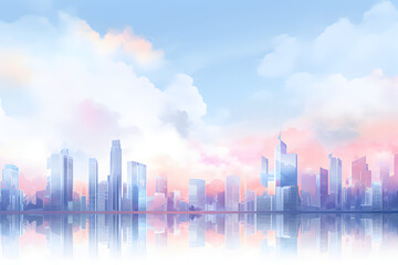 Pastel-colored cityscape background, city skyline in the morning