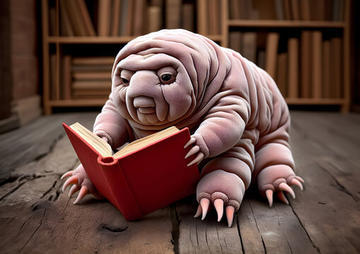Tardigrade or water-bear reading from a book