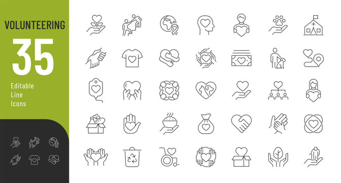 Volunteering Line Editable Icons set. Vector illustration in modern thin line style of charity related icons: donation, helping homeless animals, caring for the elderly, and more