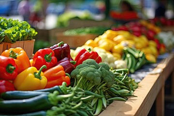 Vibrant market display of vegetables with blurred background