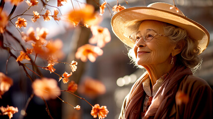 Elderly Woman Contemplating Nature's Beauty in Autumn