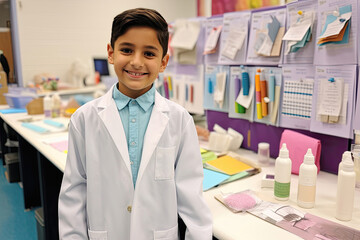 Smiling boy in lab coat in a science lab - obrazy, fototapety, plakaty