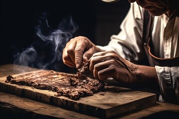 Artisan using precise tools to hand-roll premium tobacco into cigars