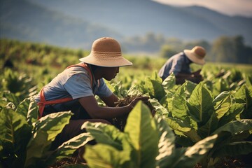 Naklejka na ściany i meble Candid shot of agricultural laborers cultivating tobacco plants at the break of dawn