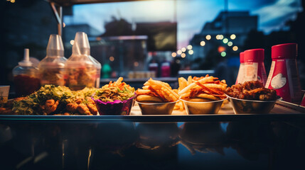 Close up portrait of junk food on a counter top of a food truck, evening atmosphere with blurred bokeh lights - obrazy, fototapety, plakaty