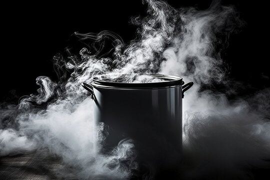 Culinary Magic Unleashed. Steam-Enveloped Pot Simmers on Stove, Preparing Delicious Delicacies