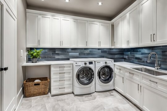 Modern laundry room with floating white cabinetry, an under-mount sink, marble countertop, stainless steel appliances, and tile flooring.