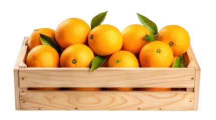Top view of fresh oranges in wooden crate isolated on white background,fruit and harvest	