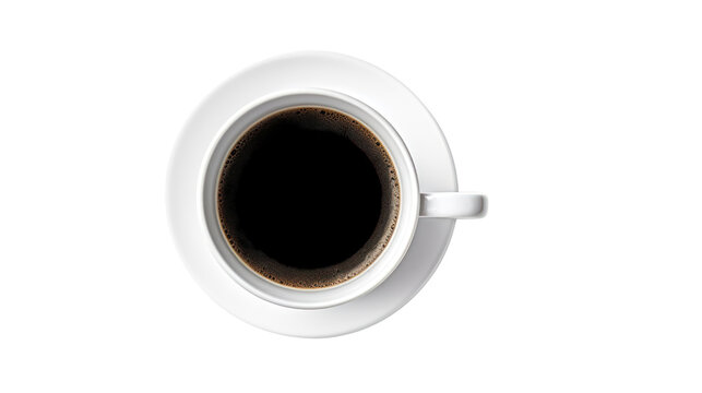 Top view of black coffee in white cup isolated on transparent and white background.PNG image.