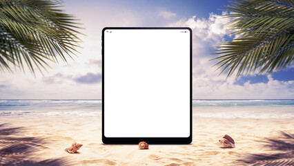 Blank digital tablet at the beach