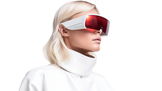 Stylish blonde in VR glasses isolated on white background