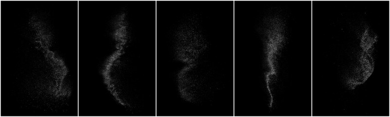 White grainy distressed texture. Dust overlay textured. Grain noise particles. Smoke effects pack. Rusted black background. Set vector illustration.   