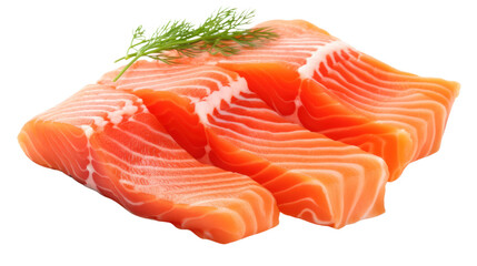 Salmon fillets on packaging in foreground of busy food factory isolated on transparent and white background.PNG image.