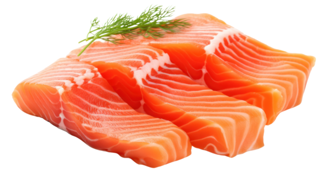 Salmon fillets on packaging in foreground of busy food factory isolated on transparent and white background.PNG image.