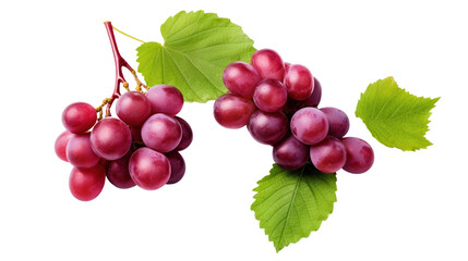 Red grapes with green leaves and half sliced isolated on transparent and white background.PNG image.