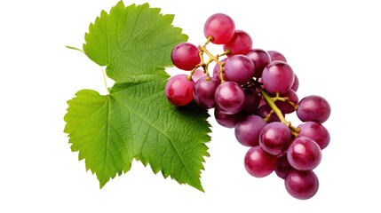Red grapes with green leaves and half sliced isolated on transparent and white background.PNG image.