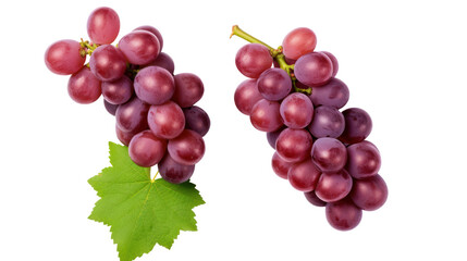 Red grapes with green leaves and half sliced isolated on transparent and white background.PNG image.