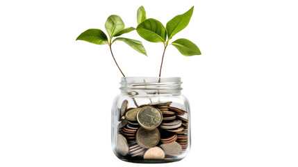 Plant growing from coins in glass jar isolated on transparent and white background.PNG image. - obrazy, fototapety, plakaty