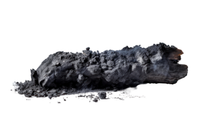 Piece of smoldering coal isolated on transparent and white background.PNG image.