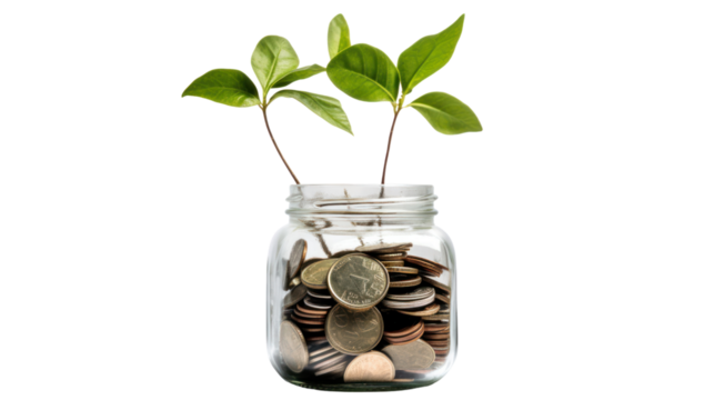 Plant growing from coins in glass jar isolated on transparent and white background.PNG image. - Powered by Adobe