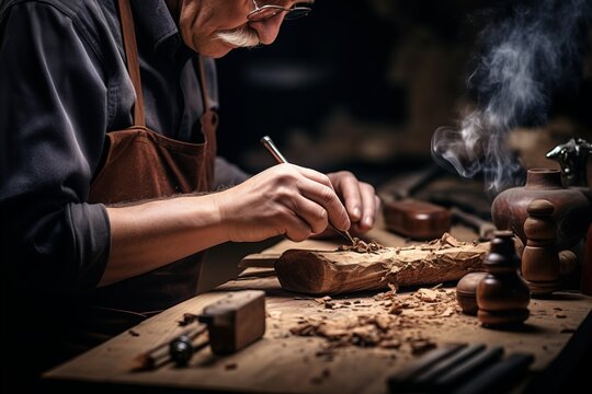 Close-up of an artisan's hands carving a wooden tobacco pipe with a metal tool, surrounded by wood shavings