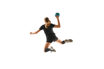 Active female handball player demonstrating throwing techniques, captured in dynamic and engaging pose against white background. Concept of professional sport, movement, dynamic, championship, action.