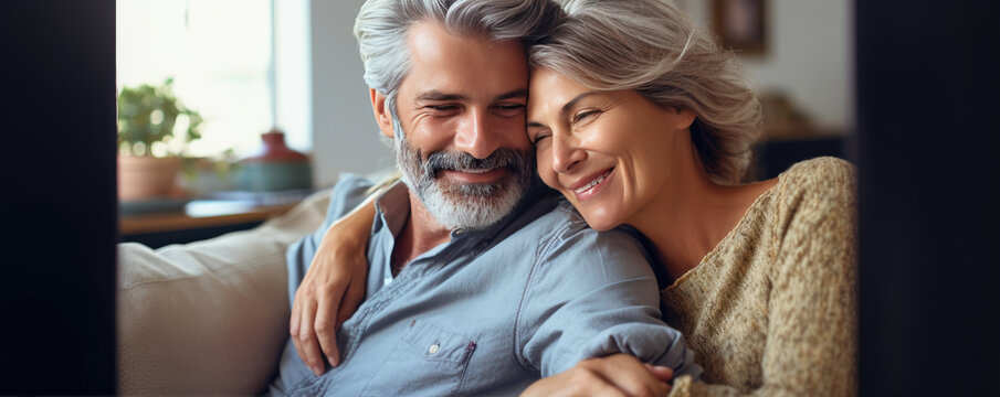 Romatic Couple Sitting On Sofa And Smilling. Happy Pair Man And Woman In Middle Age Or Older With Satisfied Loved Faces.