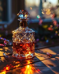 Obraz na płótnie Canvas Cognac in a crystal decanter in backlight. The rays of the sun are refracted through the edges of the vessel with rainbow highlights. Orange, red, pink colors of the composition