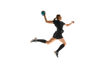 Female handball enthusiast executing precise throw, emphasizing the sport's energy and athleticism...