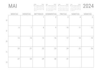 Monat Kalender Mai 2024 Monatskalender Kalenderblatt Kalendarium mit Kalenderwoche Planer DIN A4 Deutsch - obrazy, fototapety, plakaty