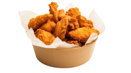 Fried chicken in paper bucket isolated on white background,