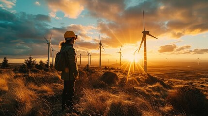 Wind Farm, engineer inspecting turbines, expansive wind farm at dawn, sky blues and earth browns, hard hat, safety goggles