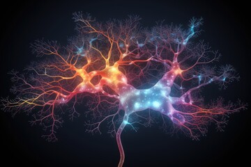 Neuronal learning, 3d neurons forge new connections, strengthening the brain's cognitive abilities, Neurons in the brain act as messengers, brain's neurons fire in synchrony, deep concentration focus - obrazy, fototapety, plakaty