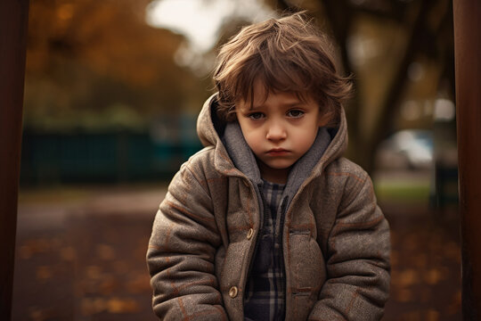 Generative AI Image of Introverted Little Boy Sitting Alone in Park with Sad Expression