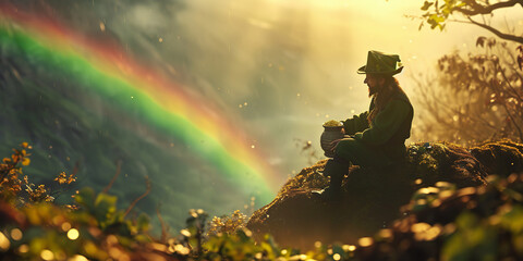 Leprechaun sitting on a pot of gold at the end of a rainbow
 - obrazy, fototapety, plakaty