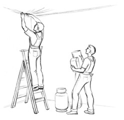 Pencil drawing. Master stretches suspended ceilings